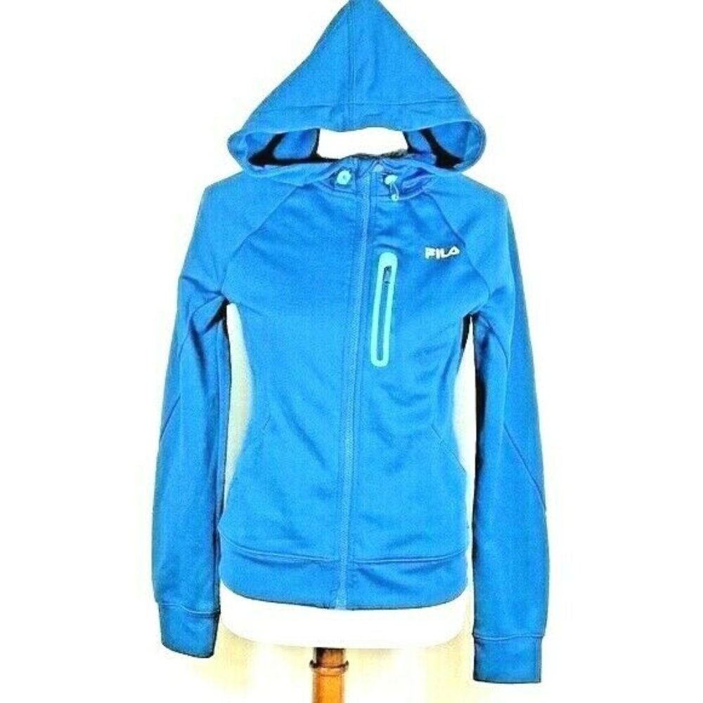 Fila Full Zip Hoodie Sz M Media Pocket Teal Zip LS